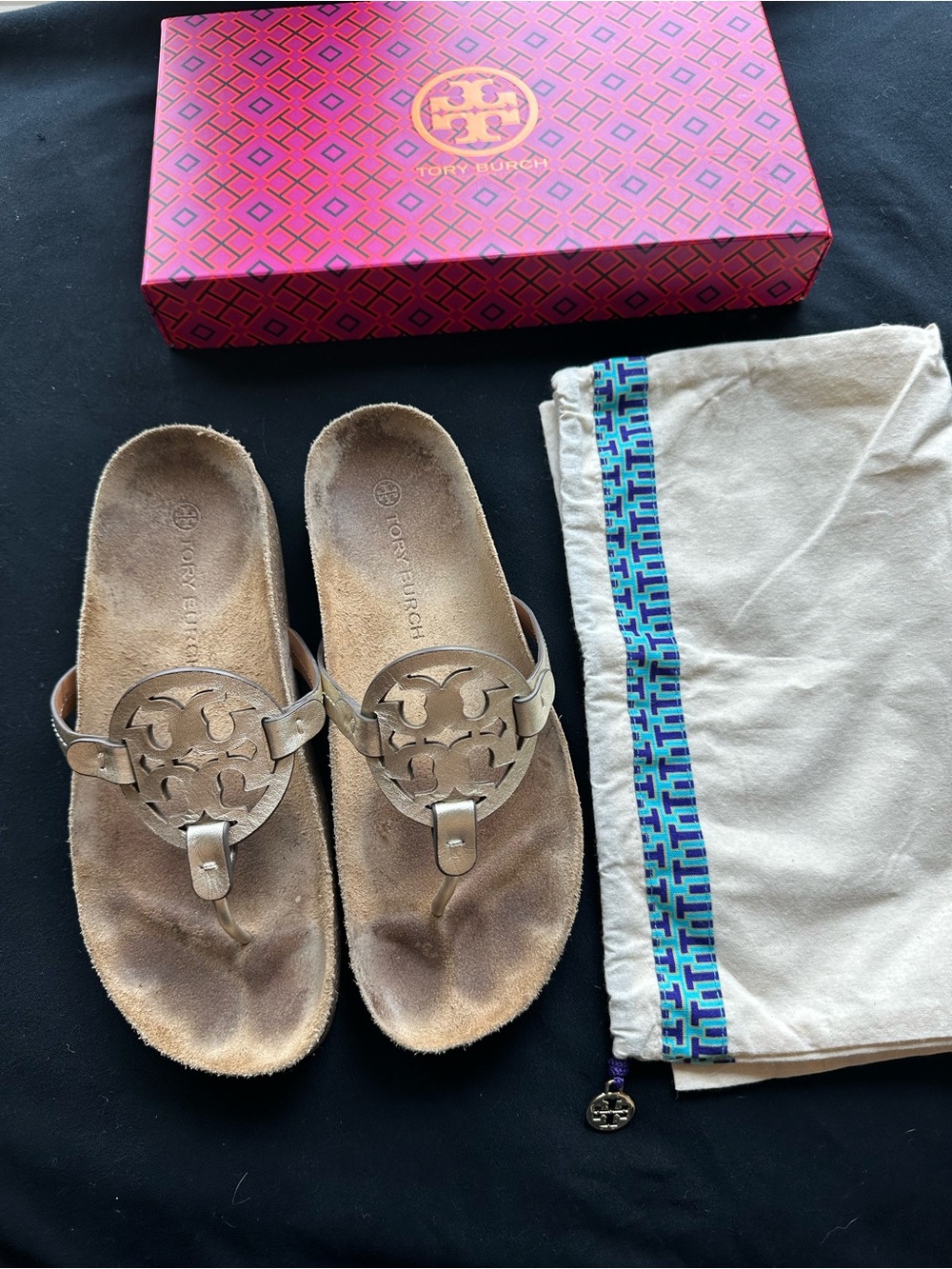 Tory Burch Cloud Miller Metallic Leather Thong Sandals - Spark Gold Natural 9.5